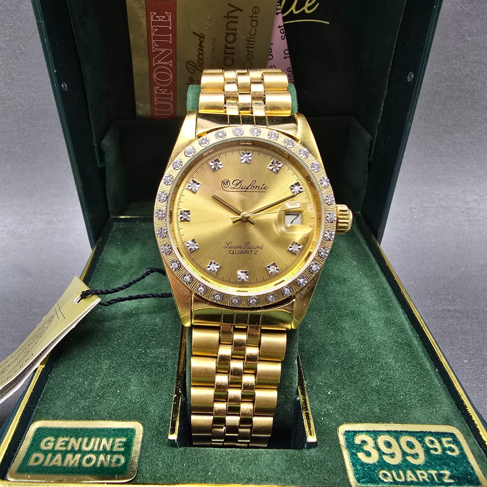 Lucien Piccard Dufonte Watch Men 36mm Gold Dial Gold Tone Date Diamond Bezel