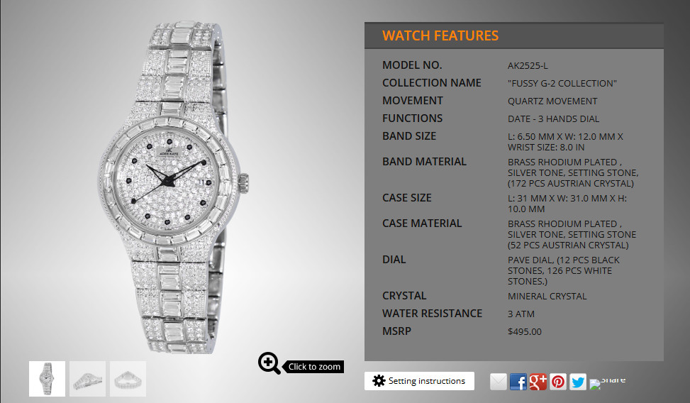 NEW IN BOX Adee Kaye Crystal Watch AK2005-L Astonish Collection Silver Tone