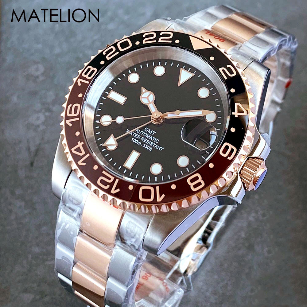 40mm NH34A Automatic Men Diver Watch GMT Rose Gold 200m Waterproof Jubilee Strap