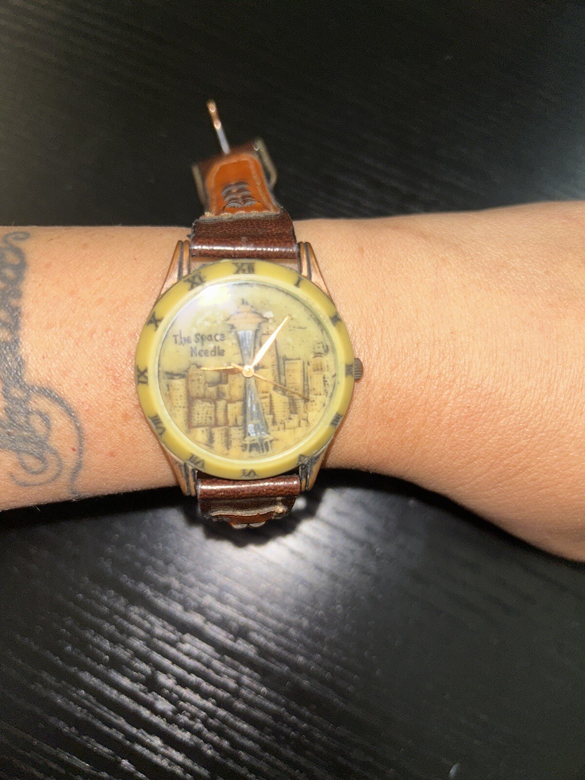 Vintage Rare Watch The Space Needle Round Face Brown Leather Band Untested AS IS