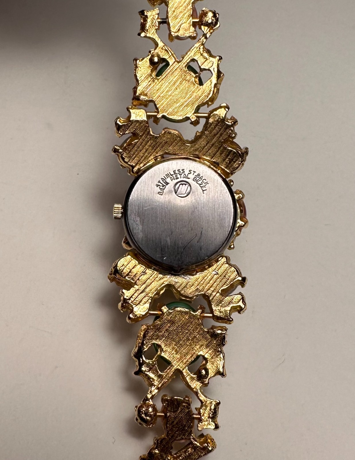 Vintage SPATS Flip Top Watch Cabochon Gems 6.5” RUNS! New Battery
