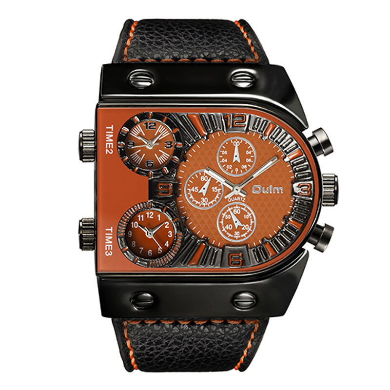 Oulm Mens Quartz Watches Leather/Steel Strap Sports Multi-Time Zones Wristwatch