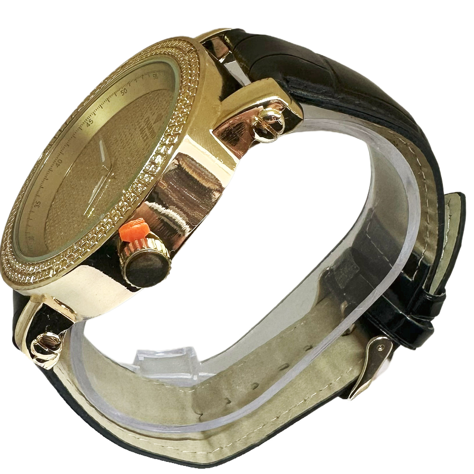 Luxury Gold Tone Men’s Diamond Watch, 18K Micron Finish ,Japan Movement Leather