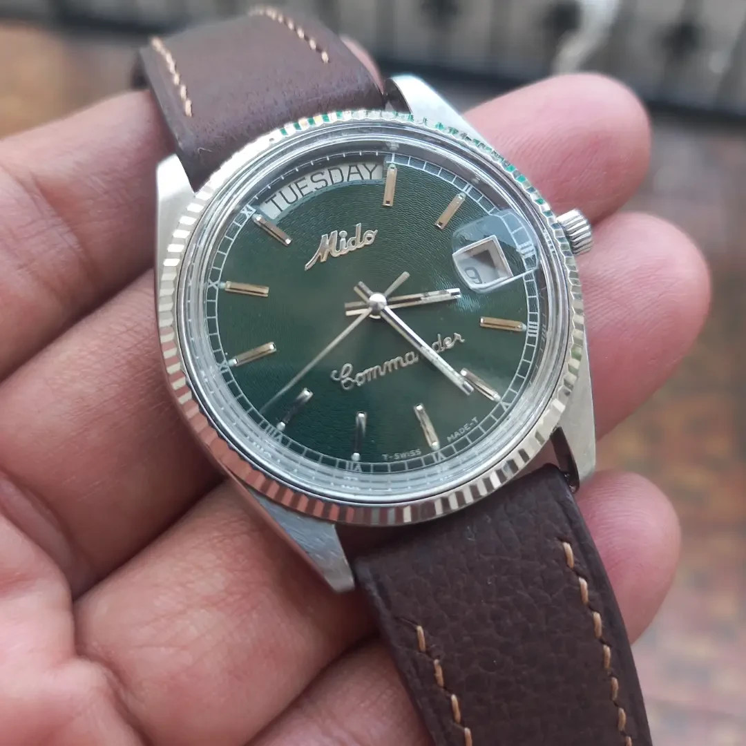Rare MIDO Commander President Day date Green Dial Automatic Vintage Watch Men