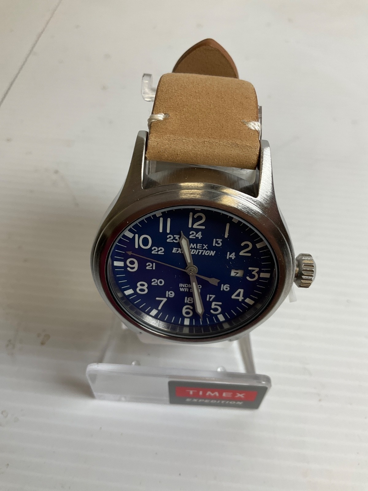 New Timex Expedition Scout 40mm Blue Dial Light Brown Strap Watch