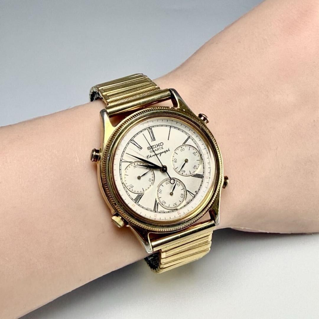 Seiko 7A28 6010 Chronograph Quartz White Dial Gold Mens Watch Auth
