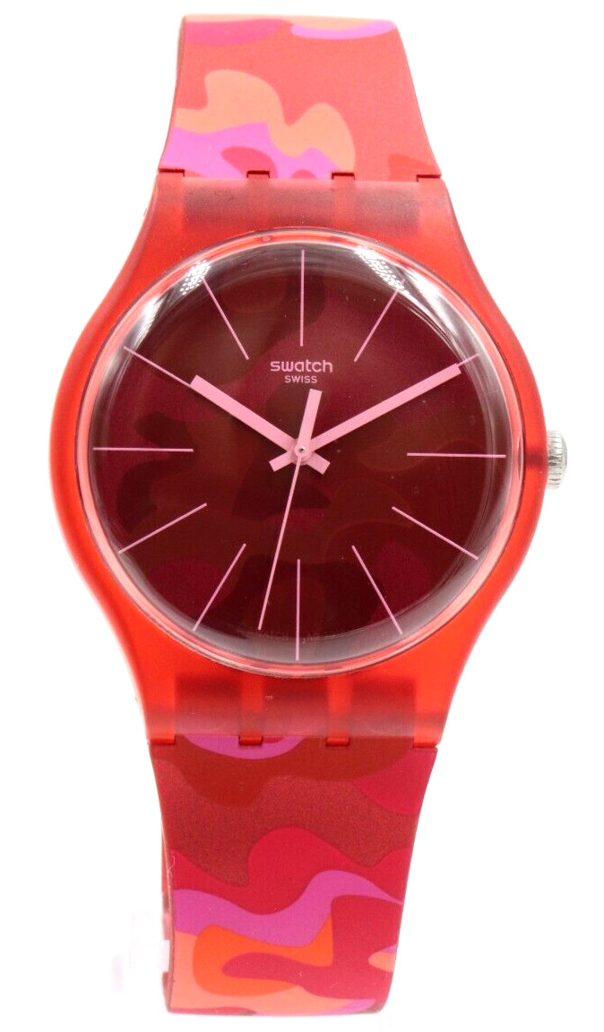 New Swiss Swatch Originals Essentials CAMOUFLASH Red Silicone Watch 41mm SUOR116
