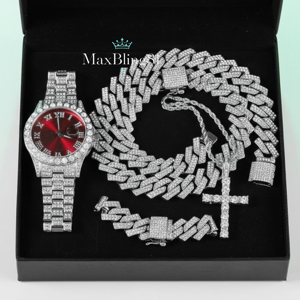 Hip Hop Simulated Diamond Luxury Watch & Iced Cuban Chain Necklace Bracelet set