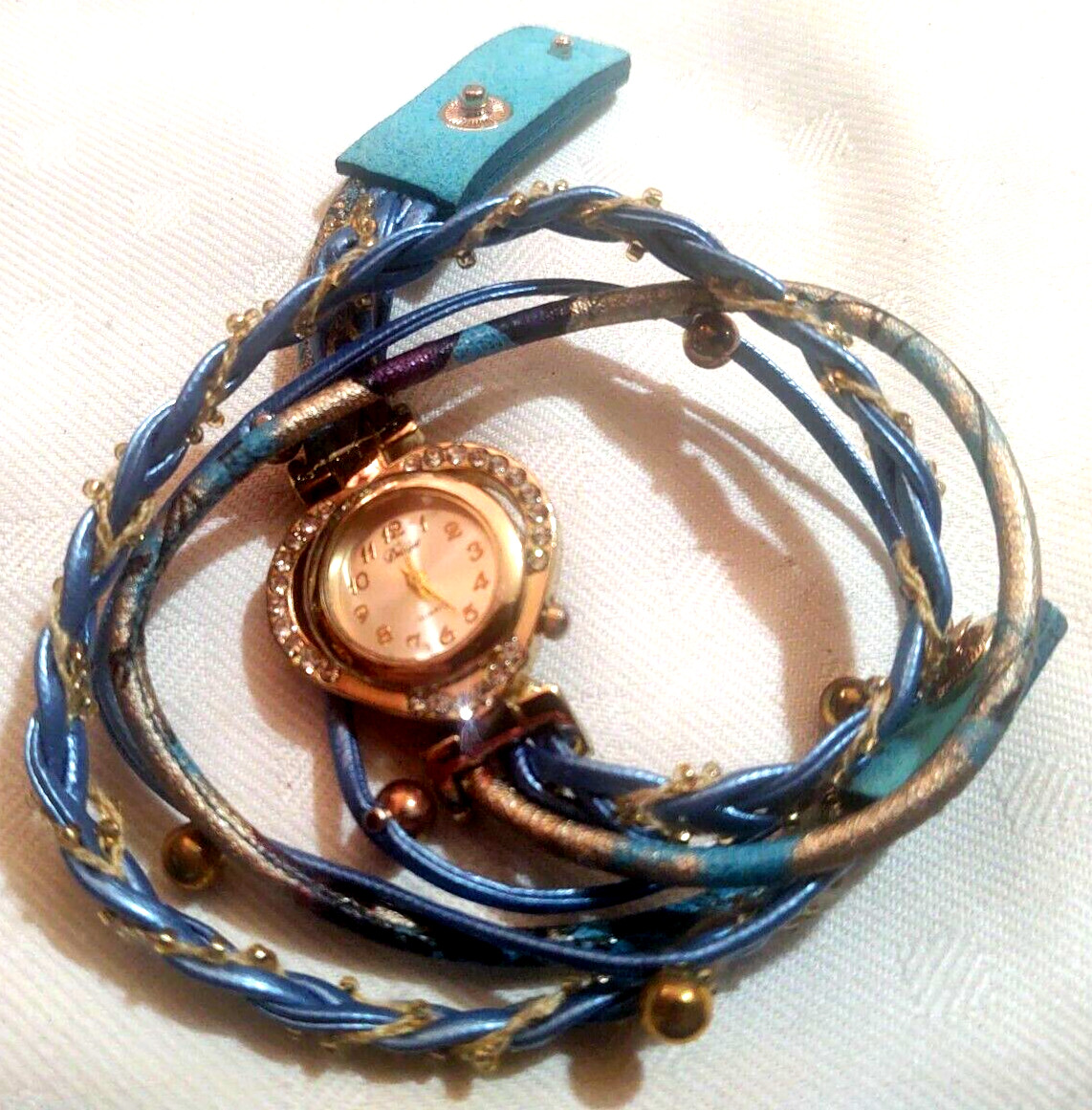 Double Wrap Heart Shaped Wrist Watch Duoya Quartz Blue Snap Closure Fashion