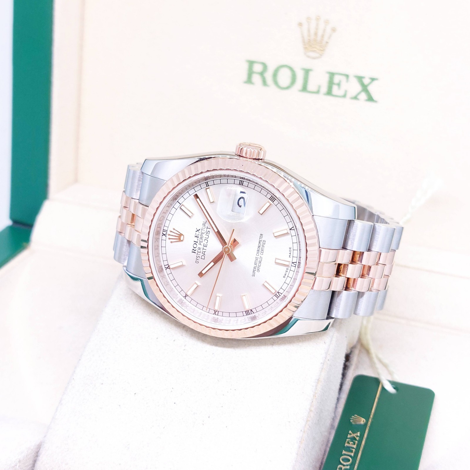 Rolex 36mm 18K Half Rose Gold Silver Batons Dial Datejust REF: 116231 (2012)