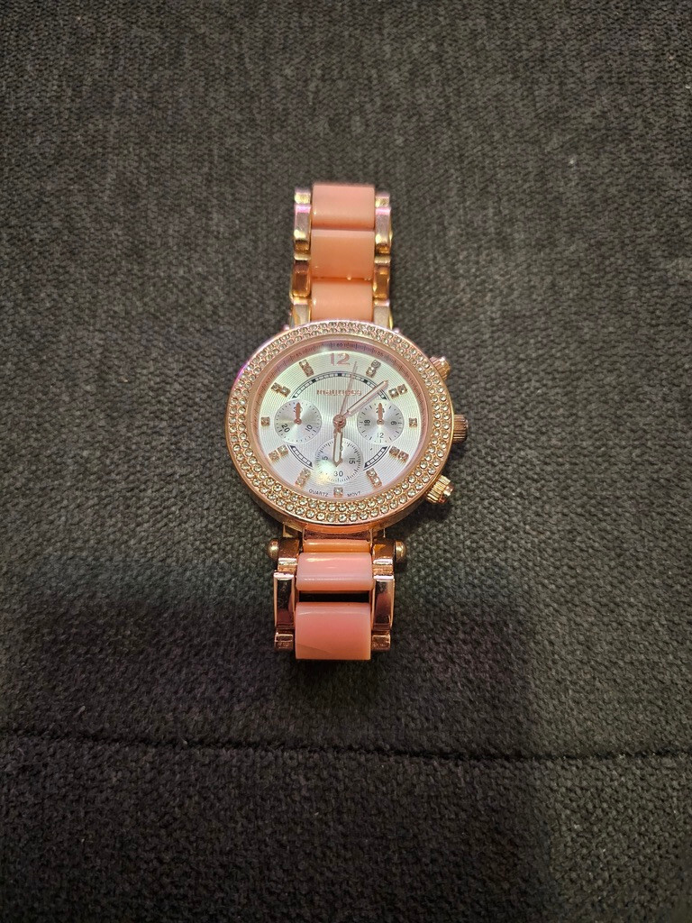 Ladies Maurices Round Rose Gold PINK CHRONOGRAPH RHINESTONE WATCH.