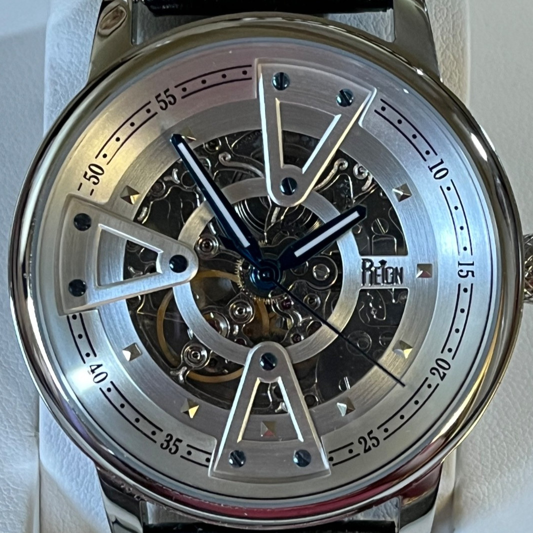 Reign Belfour Automatic Skeleton Watch Black Leather Band Silver Face Blue Hands