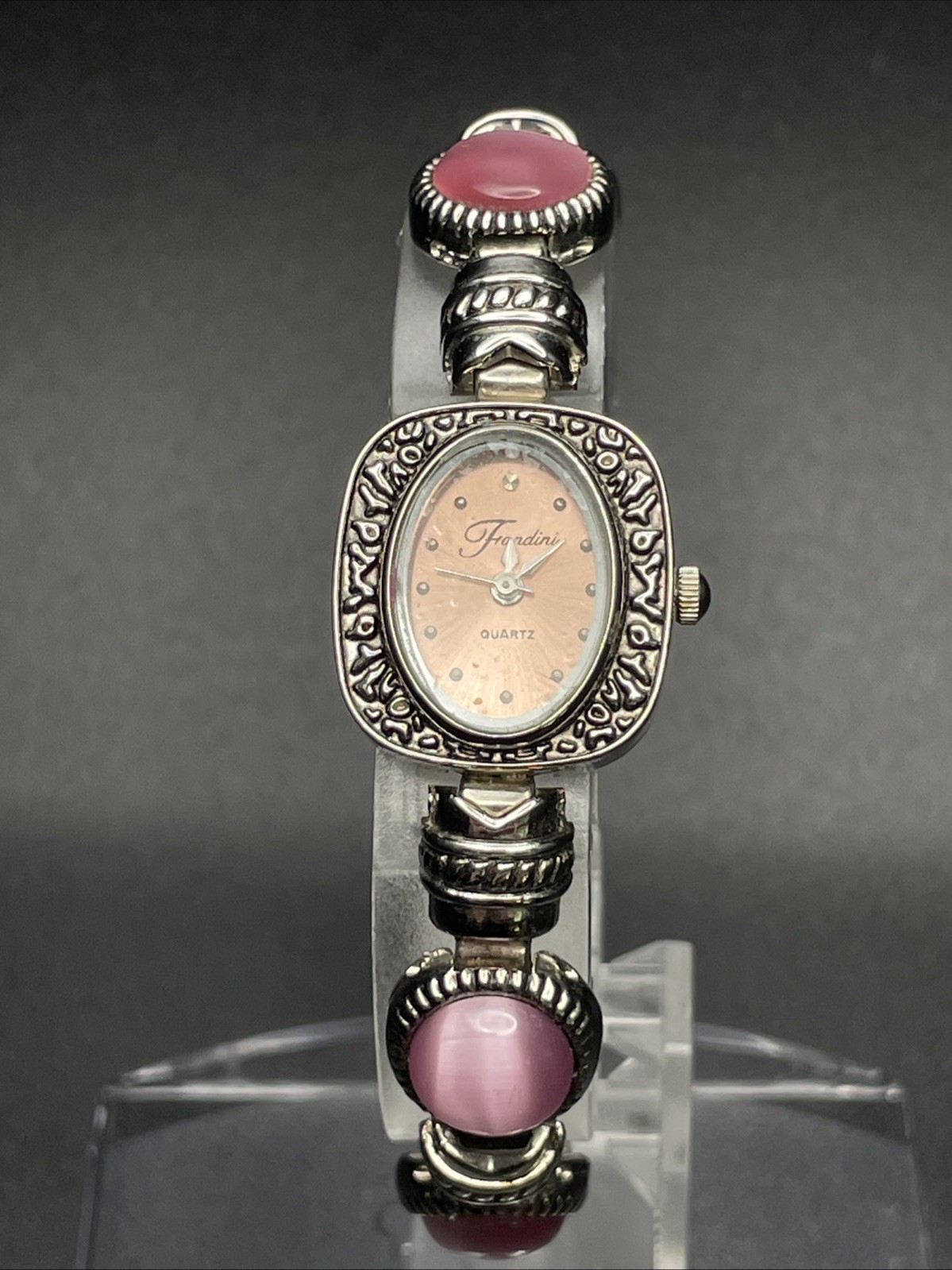 Fondini Watch Women 20mm Silver Tone Pink Cats Eye Toggle Clasp New Battery