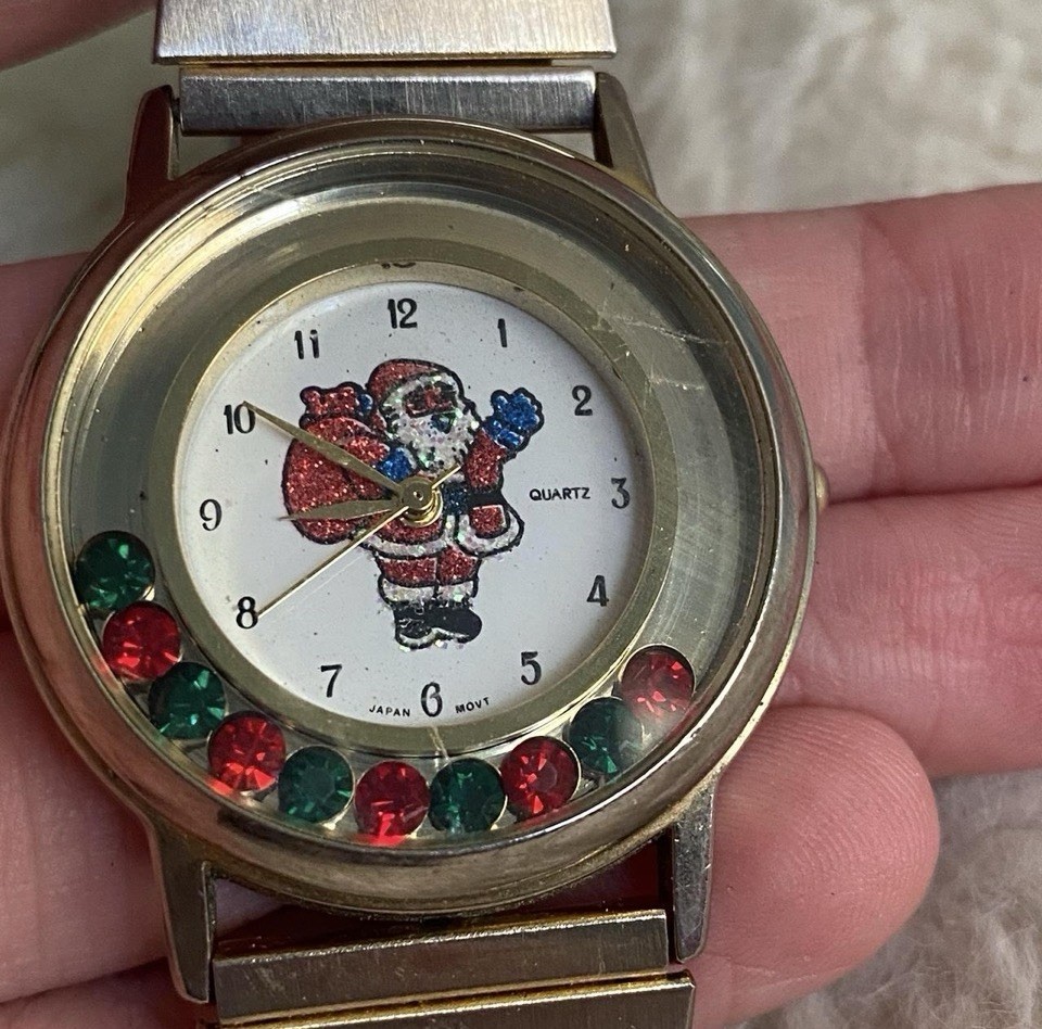 Vintage Santa Claus Christmas Quartz Watch Floating Red Green Crystals Stretch