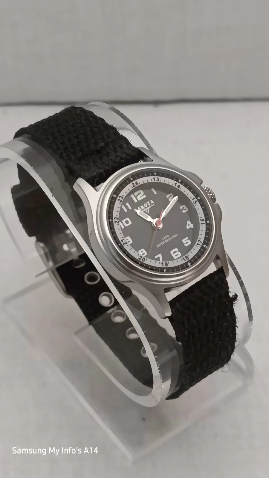 Dakota Stainless Steel Watch Canvas Black Band Mineral Glass Crystal 3 ATM.
