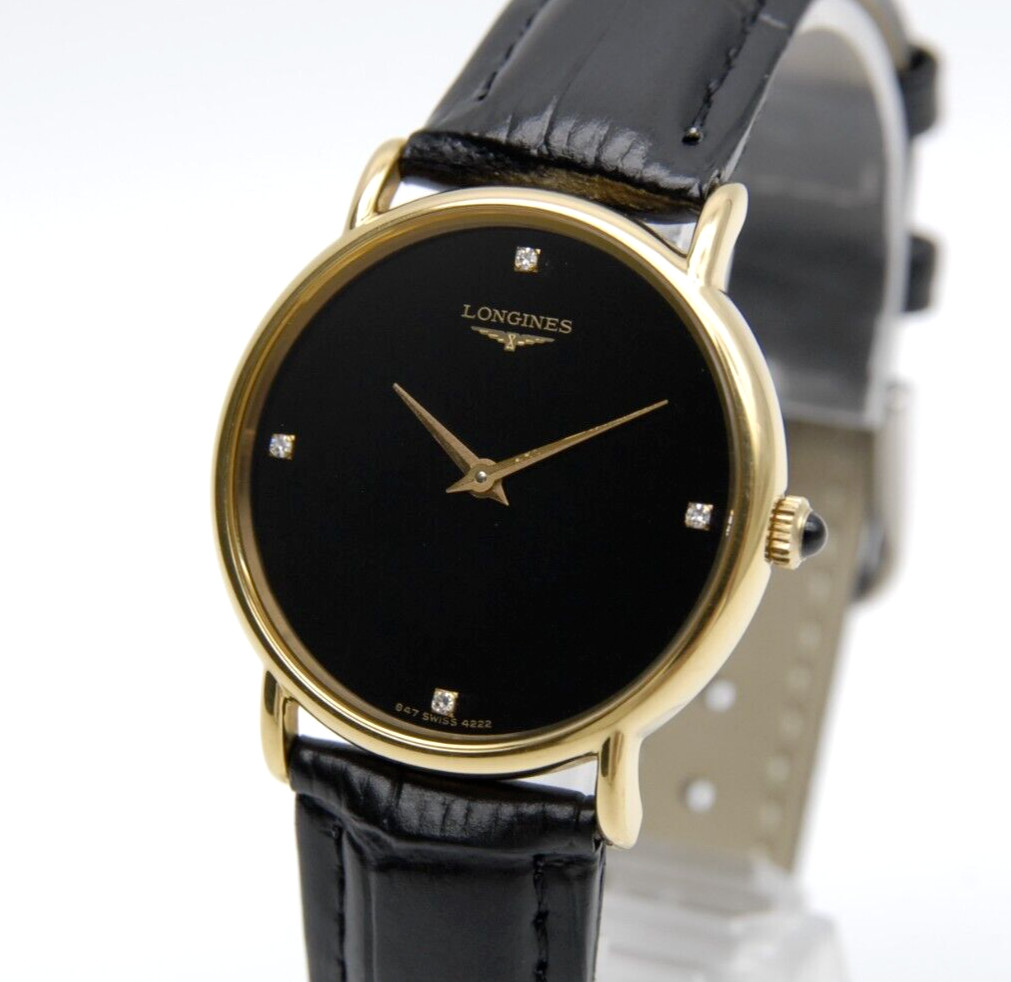 [ N MINT ] LONGINES 847 4222 33mm 4P Diamond Black Gold Hand Winding Men’s Watch