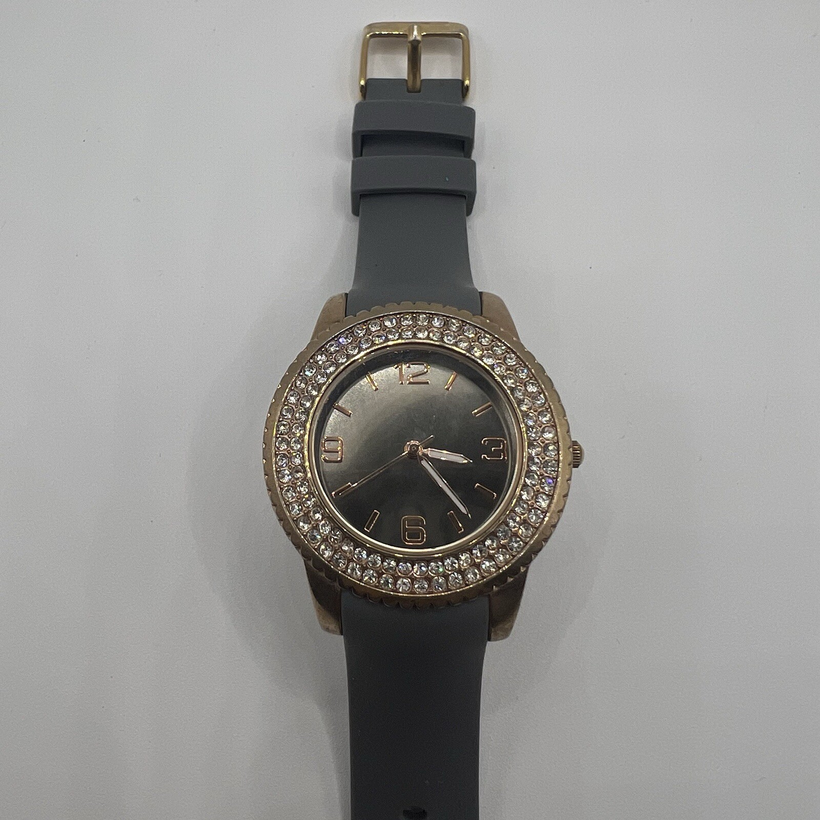 Shiny Mirror Dial Crystal Accent Gold Tone Case Gray Silicone Band Watch