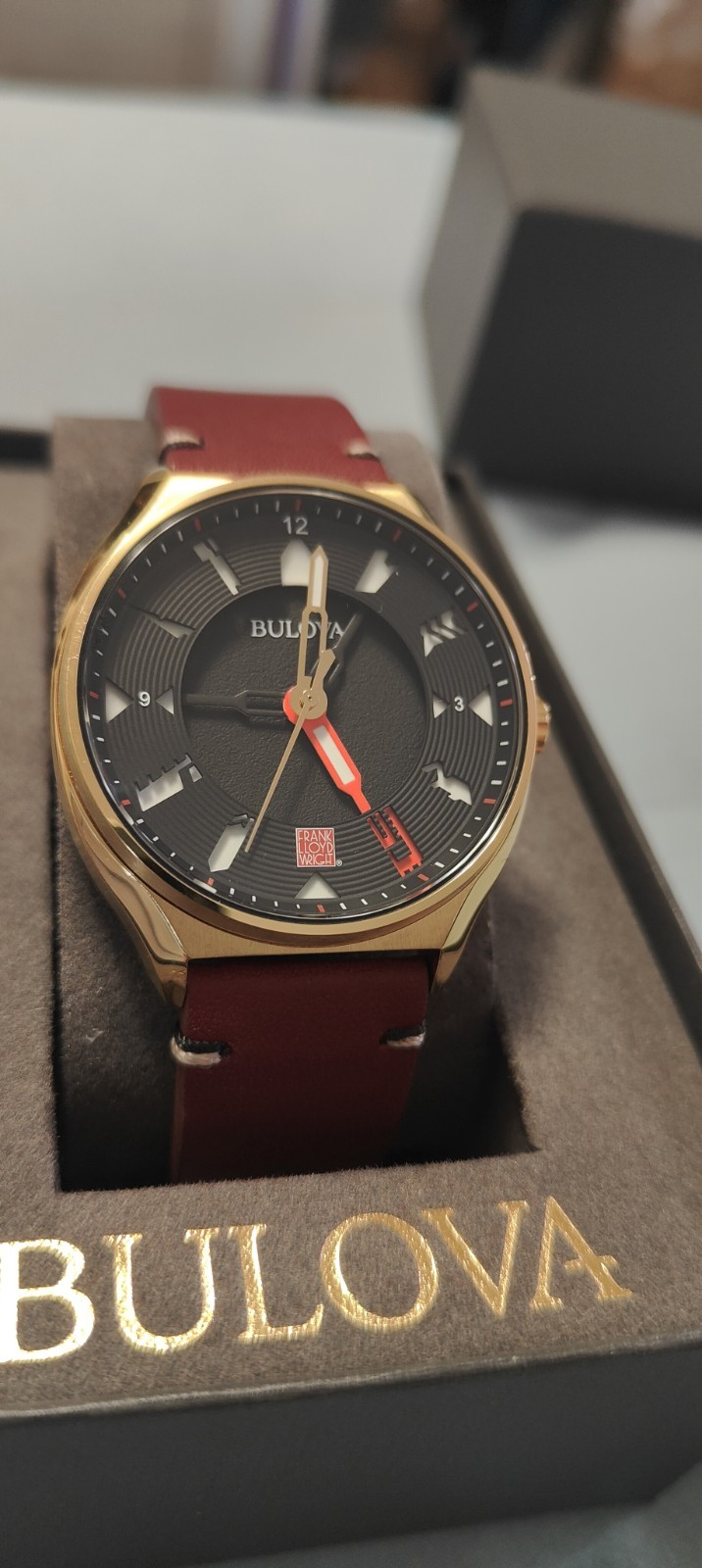 BULOVA 40mm MEN’S PERFORATED PANELS FRANK LLOYD WRIGHT BURGUNDY LEATHER 97A192