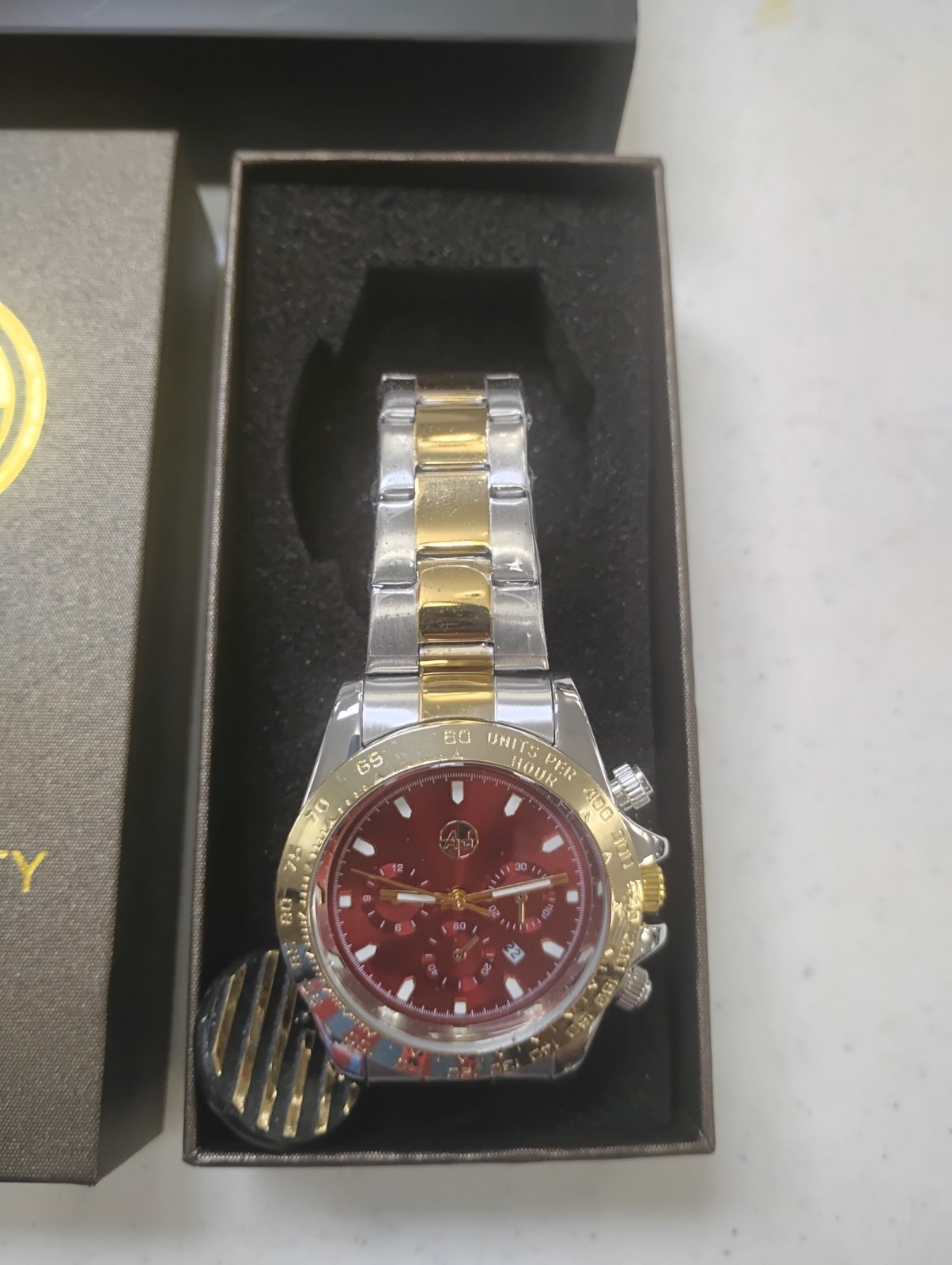 AJ Men’s Two-Tone Watch – Red Sunburst Dial – Gold & Silver Bracelet – New In…