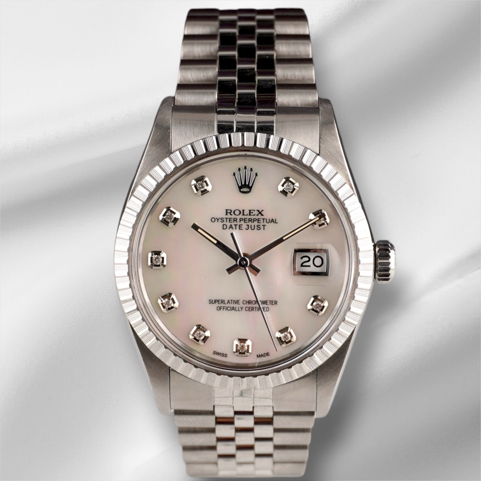Rolex 36mm Datejust Steel Engine-Turned White Mop Dial Watch 16030