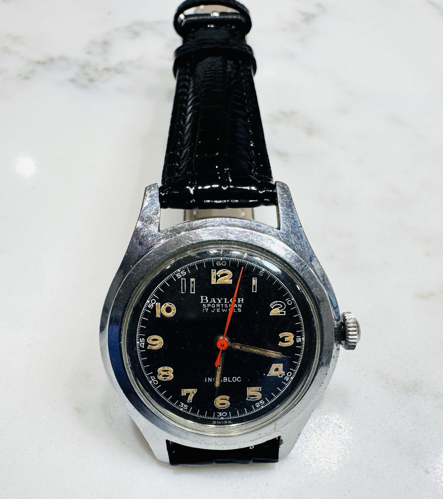 Baylor Sportsman 17 Jewels Incabloc Watch Black Dial Leather 35.8mm