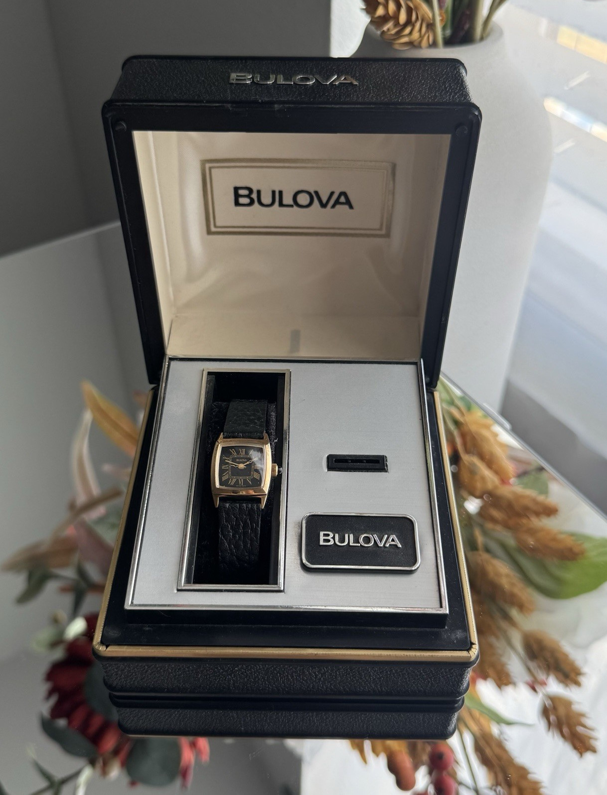 Vintage Bulova Ladies Swiss 927A Black Dial Roman Numeral Tank with Box NOS