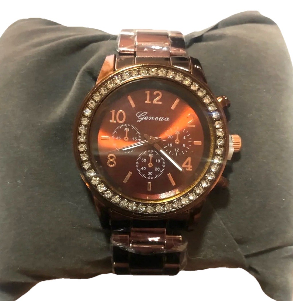 Women Crystal Bezel Brown Chain Link Quartz Watch Metallic Bronze NEW +FREE GIFT