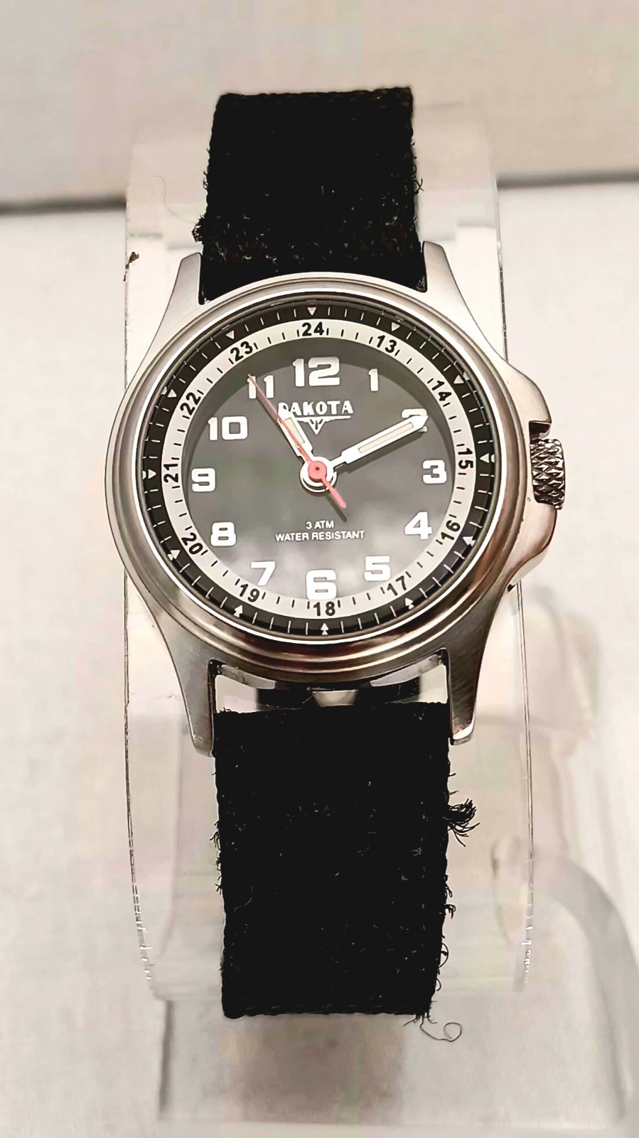 Dakota Stainless Steel Watch Canvas Black Band Mineral Glass Crystal 3 ATM.