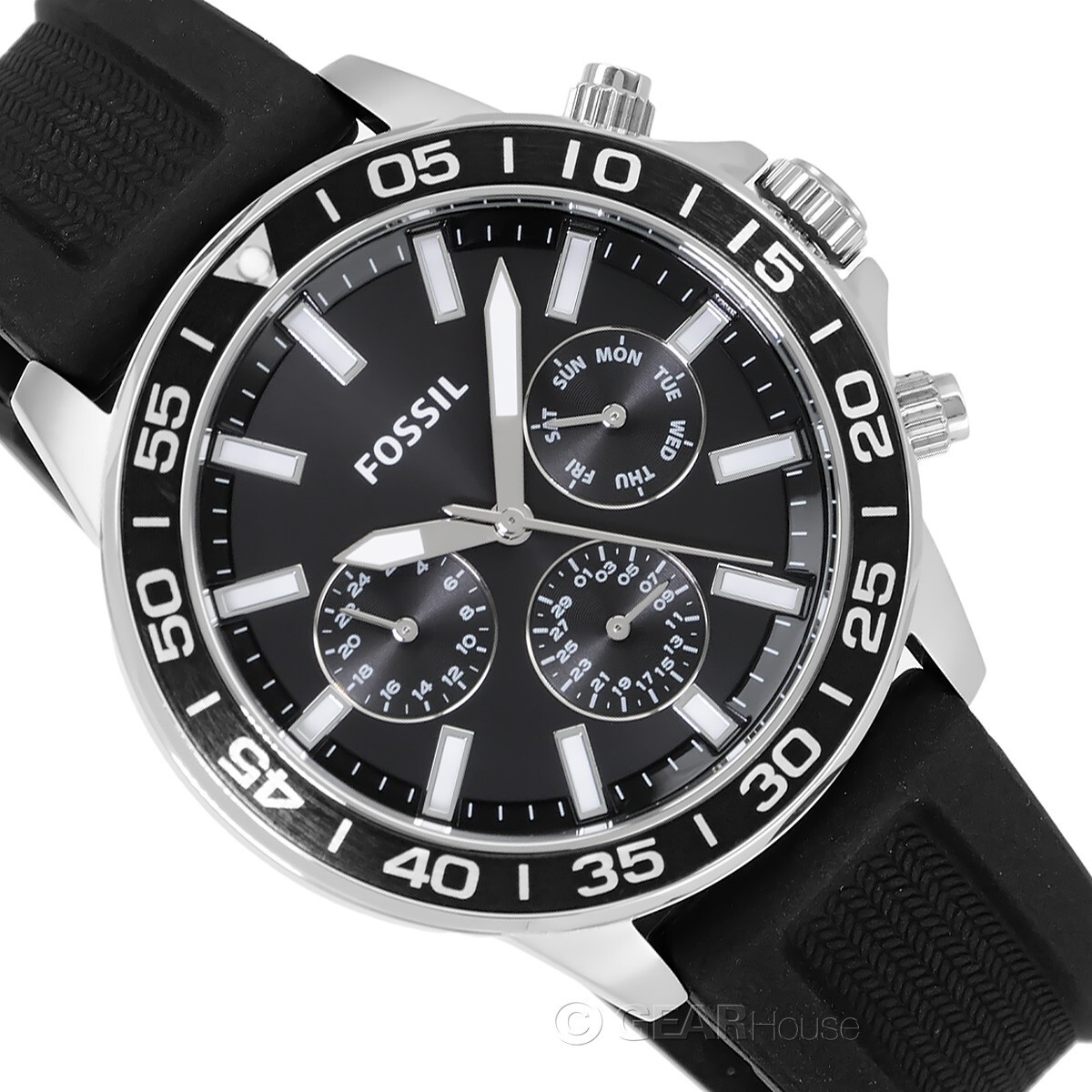 FOSSIL Bannon Mens Multifunction Watch Silicone Band Black Silver Dial Day Date