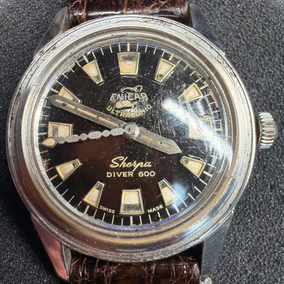 Used working Enicar Sherpa Diver 600 Automatic Black 40mm Junk Vintage from JPN