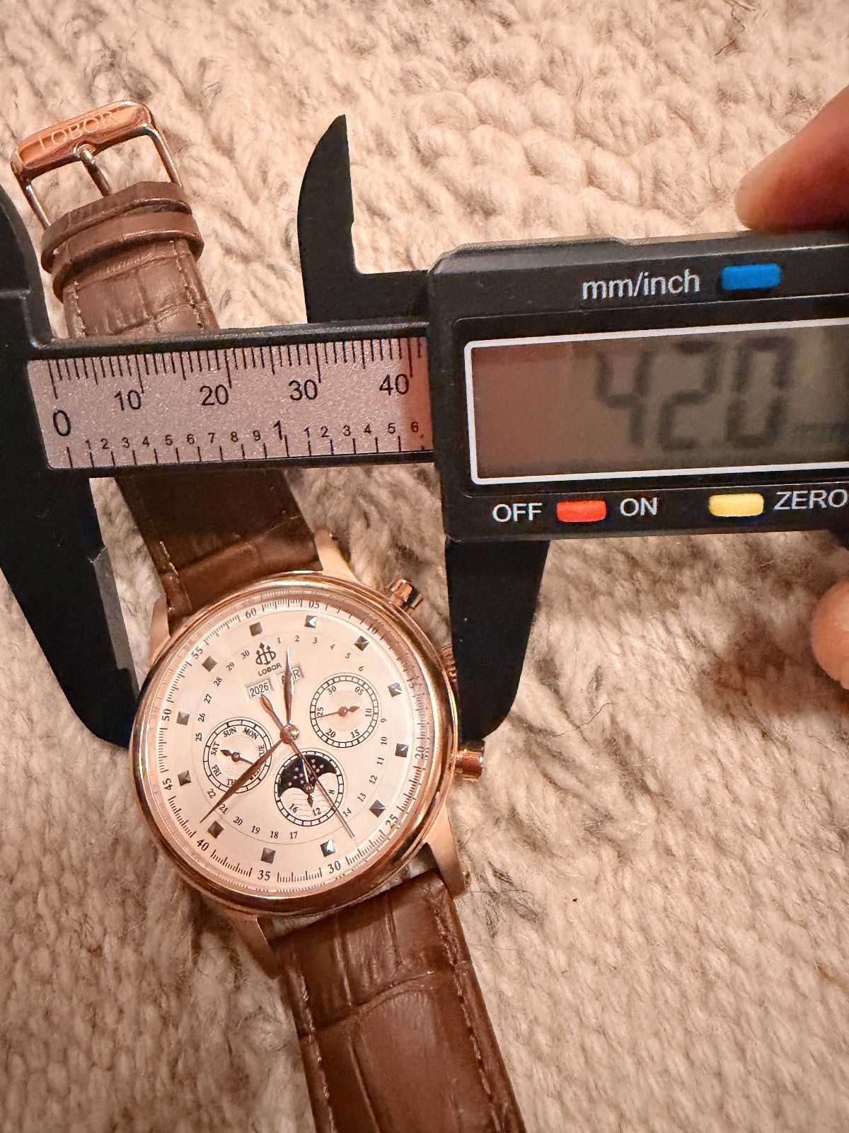 LOBOR HERITAGE CANTERBURY BROWN 42MM Triple Calendar Date Watch- Rose Gold Color