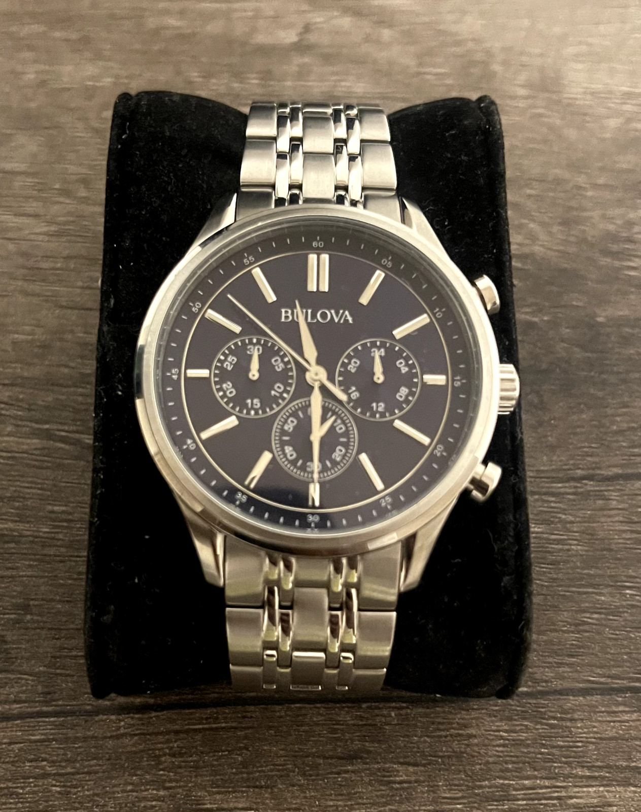 Bulova 96A210 – Classic Chronograph Blue Dial Stainless Steel Bracelet