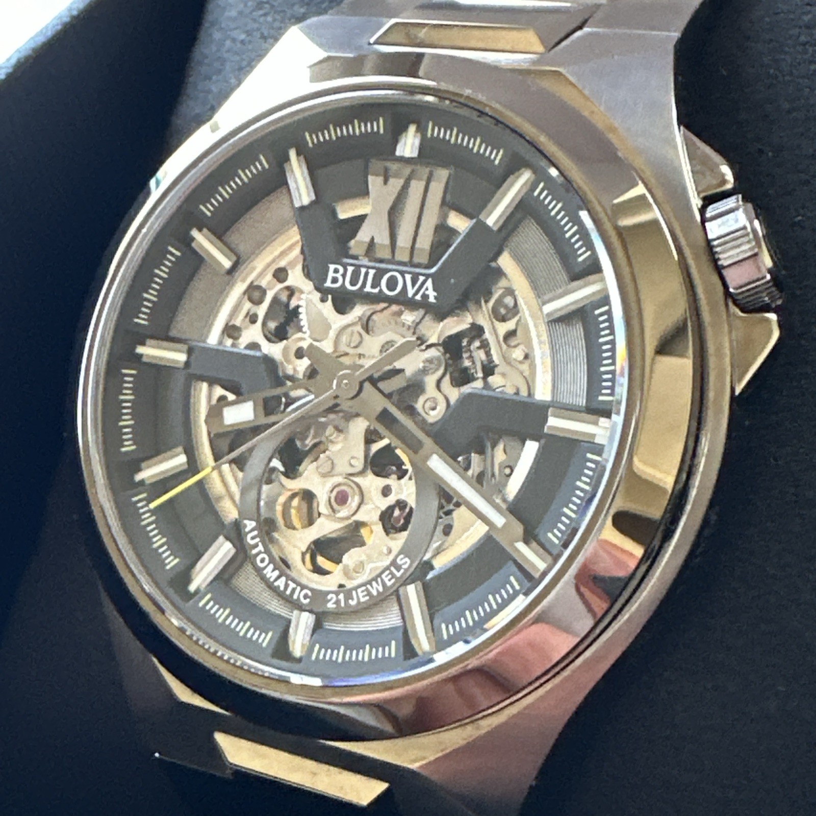Bulova Womens Maquina Automatic Skeleton Gray Stainless Steel Watch 46MM 98A179
