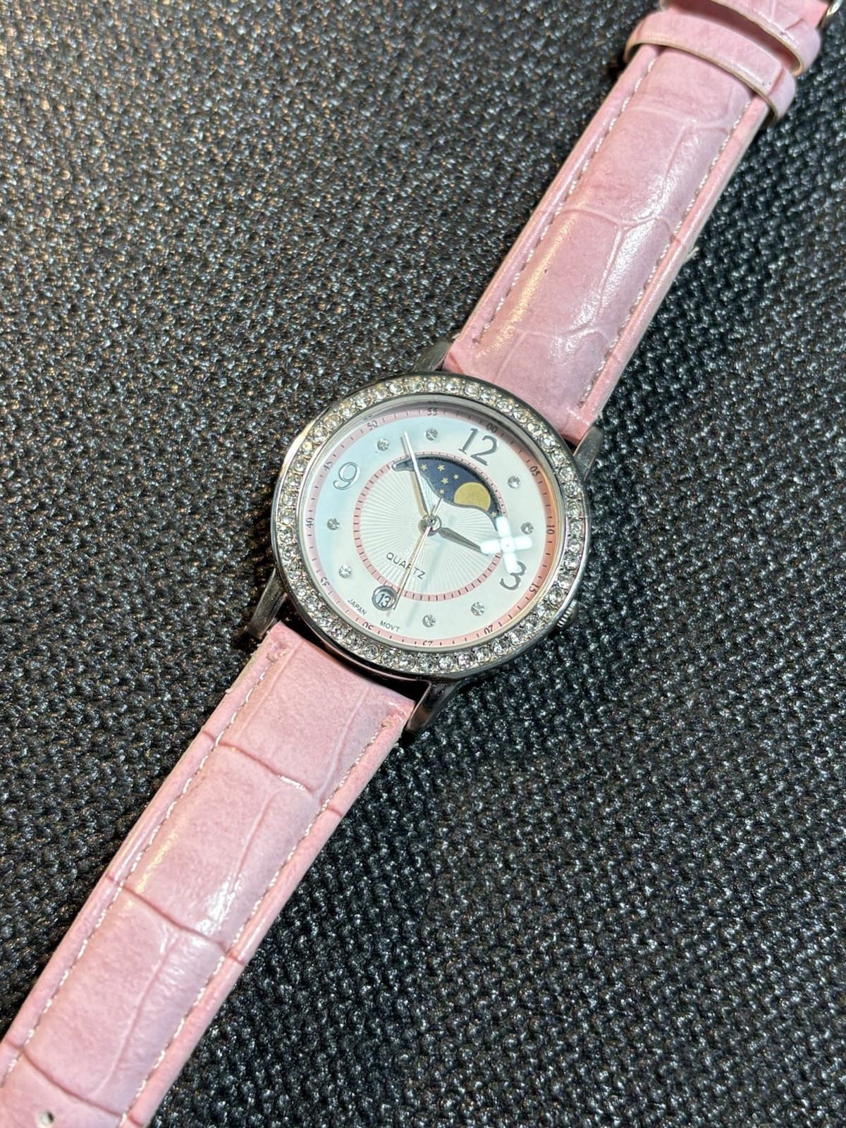 Women’s Sun & Moon Quartz Watch Silver Tone,Gemmed Bezel,Date,New Battery