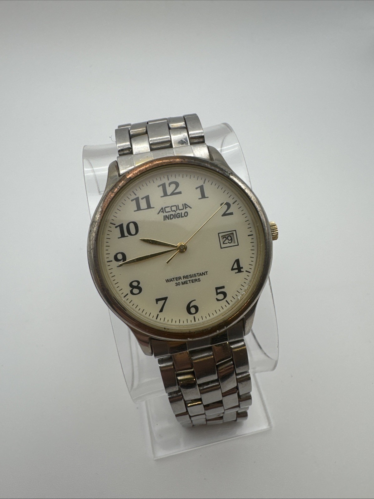 Vintage Acqua Timex Men’s 35mm Silver Tone Indiglo Watch Cream Dial Read**