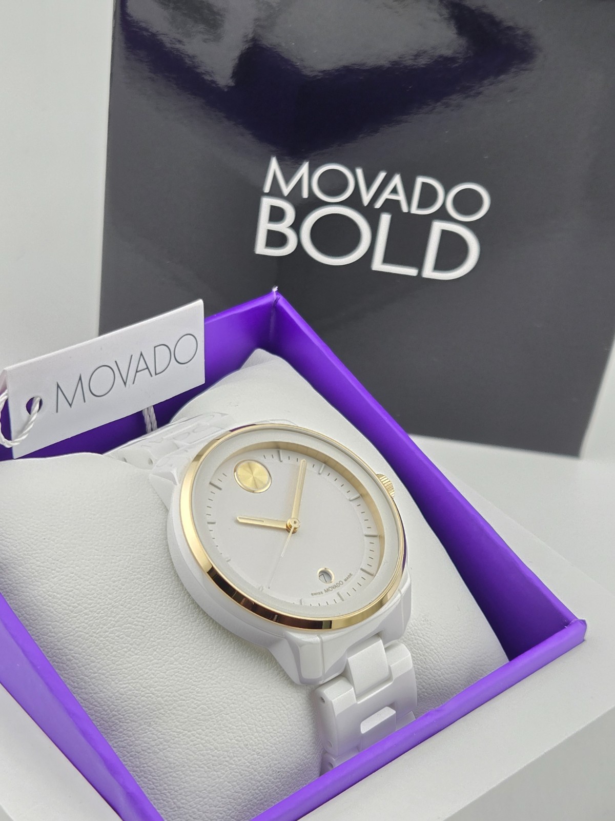 Movado Bold Verso Women’s Gold Accent White Ceramic Watch – 3600934 ($895 MSRP)