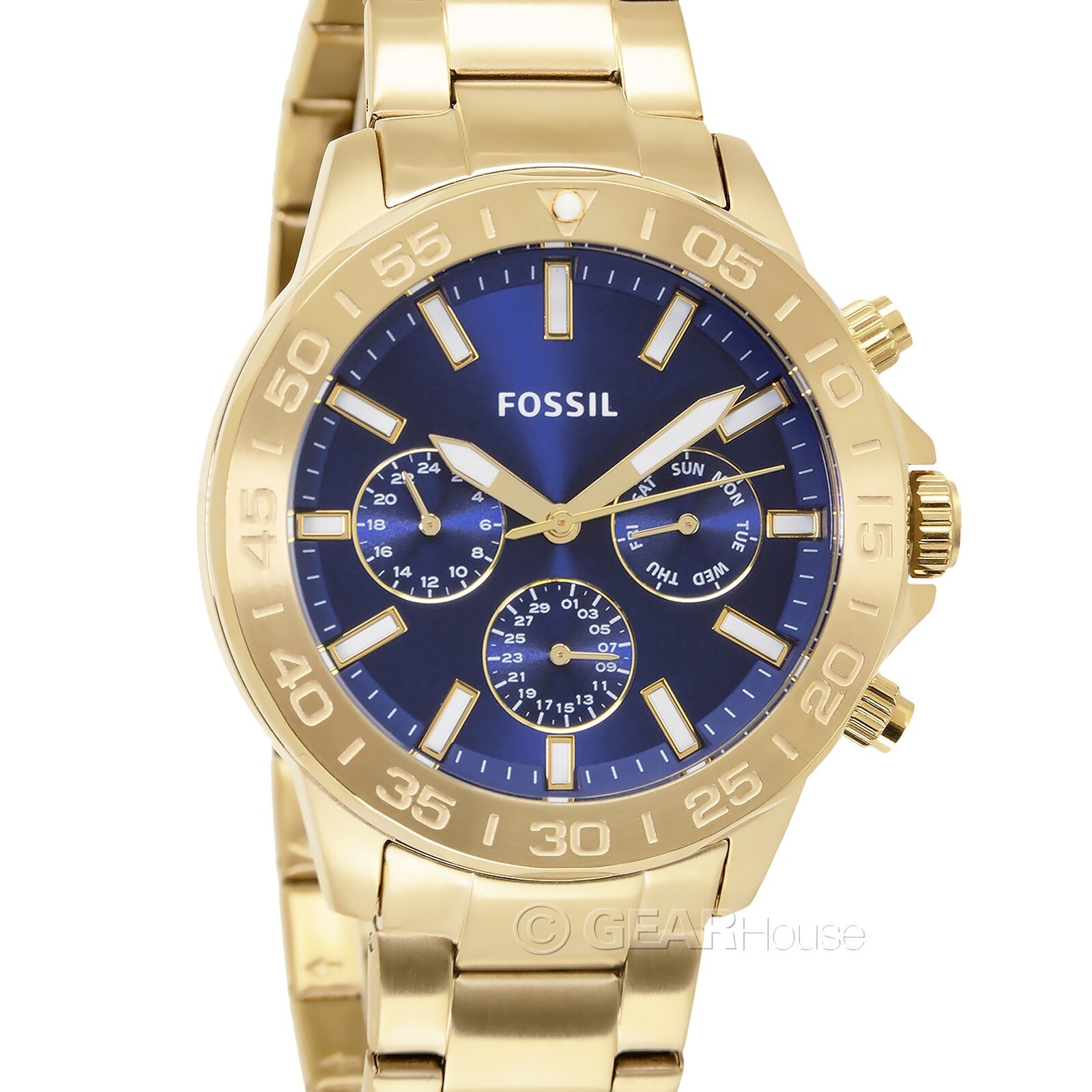 FOSSIL Bannon Mens Gold Multifunction Watch, Blue Dial Date Stainless Steel Band
