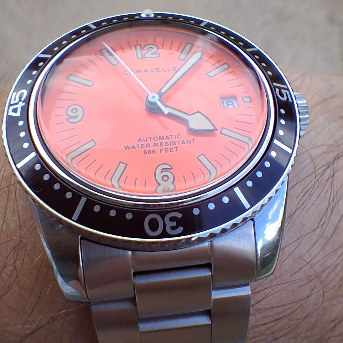 Orange Caravelle Sea Hunter “Devil Diver” by Bulova Automatic Reissue 39mm Watch