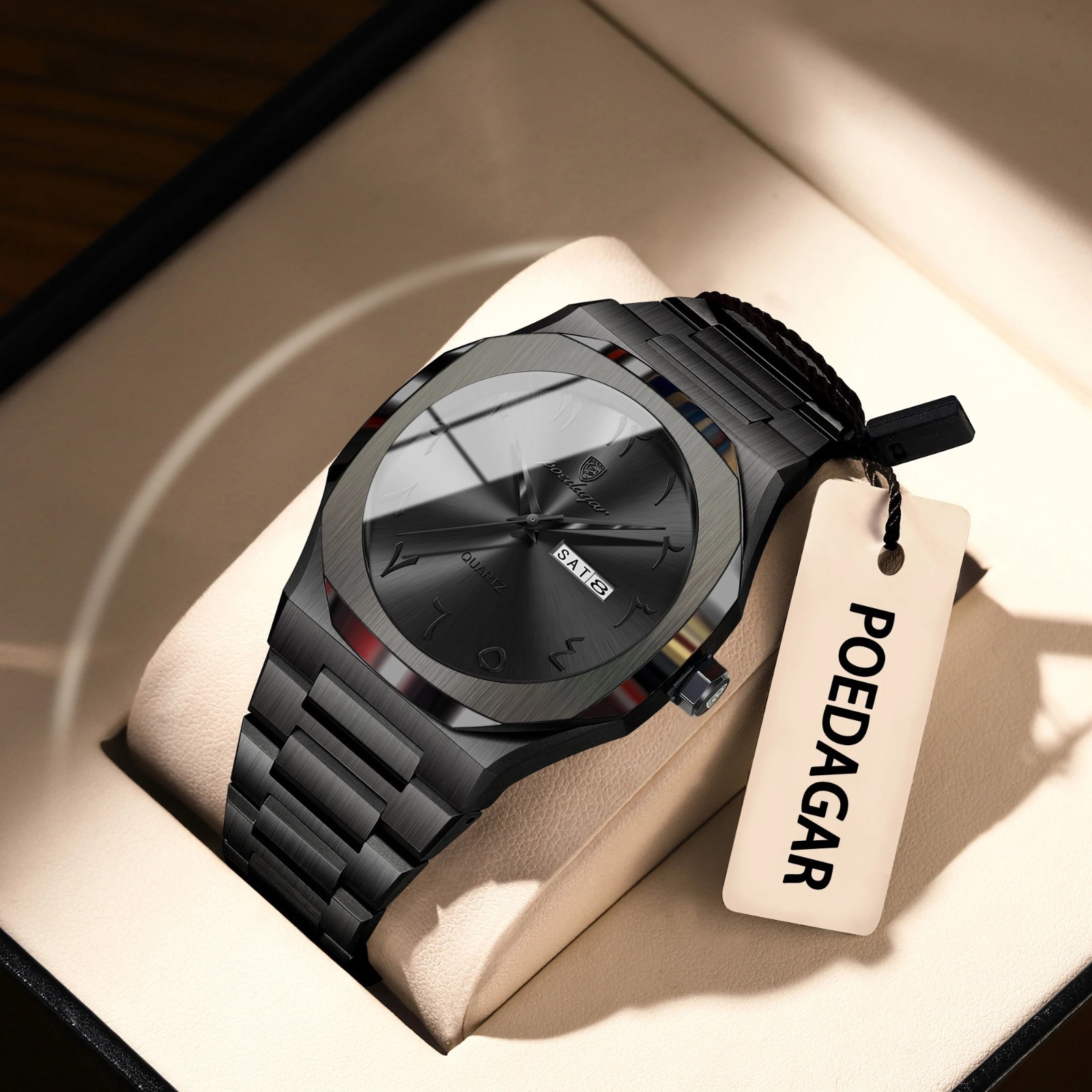 POEDAGAR Luxury Men’s Quartz Watch Arabic Numerals Day Date 3ATM Stainless Steel