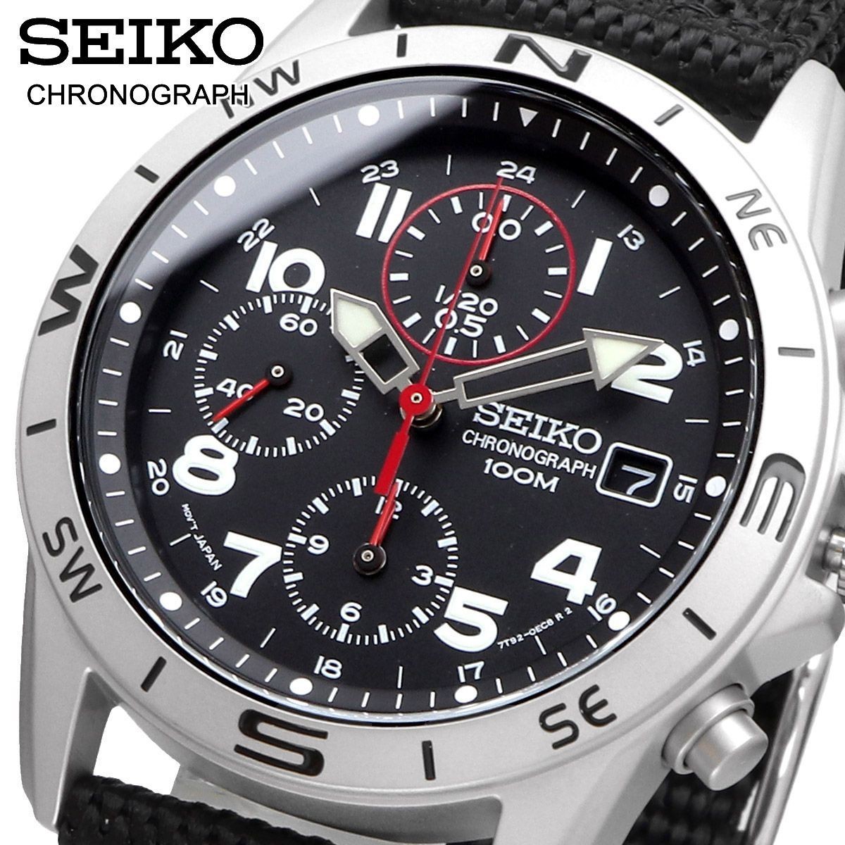 SEIKO SND399P Black Chronograph 100m Men’s Watch Stainless Steel New Japan