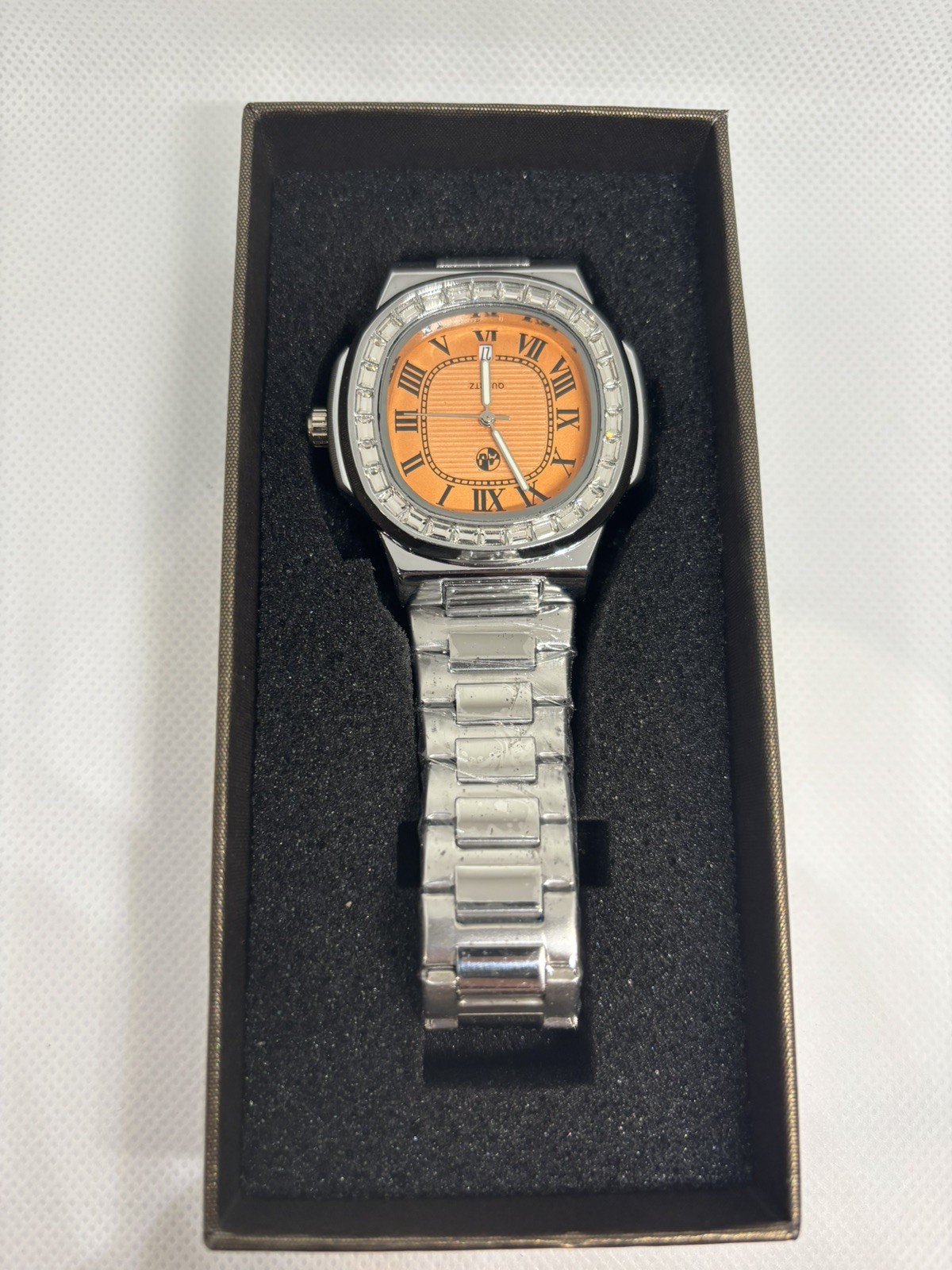 Mens AJ Accessories Factory Orange Roman Numeral Quartz Watch Stainless Steel