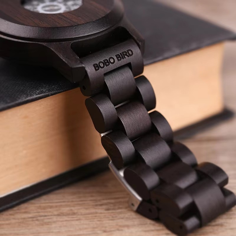 BOBO BIRD Men’s Ebony Wood Watch Quartz Calendar 21.6cm / 8.5″ Custom Engraving