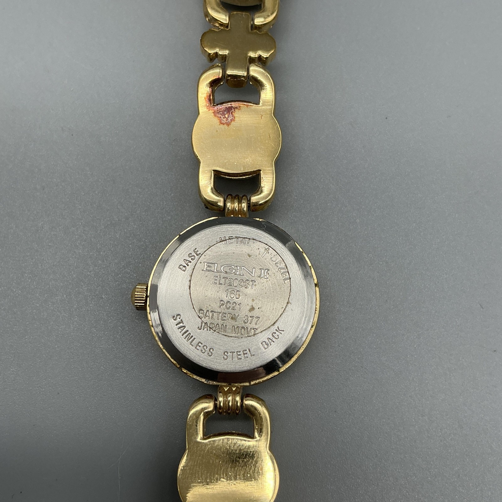 Elgin II ELT2085F Womens Watch 17mm White Dial Gold Green Stone New Battery 7.5″