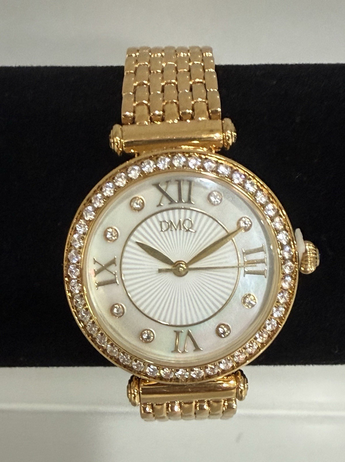 QVC Diamonique DMQ Women’s Gold Tone Watch Cubic Zirconia Bezel MOP Dial NEW!
