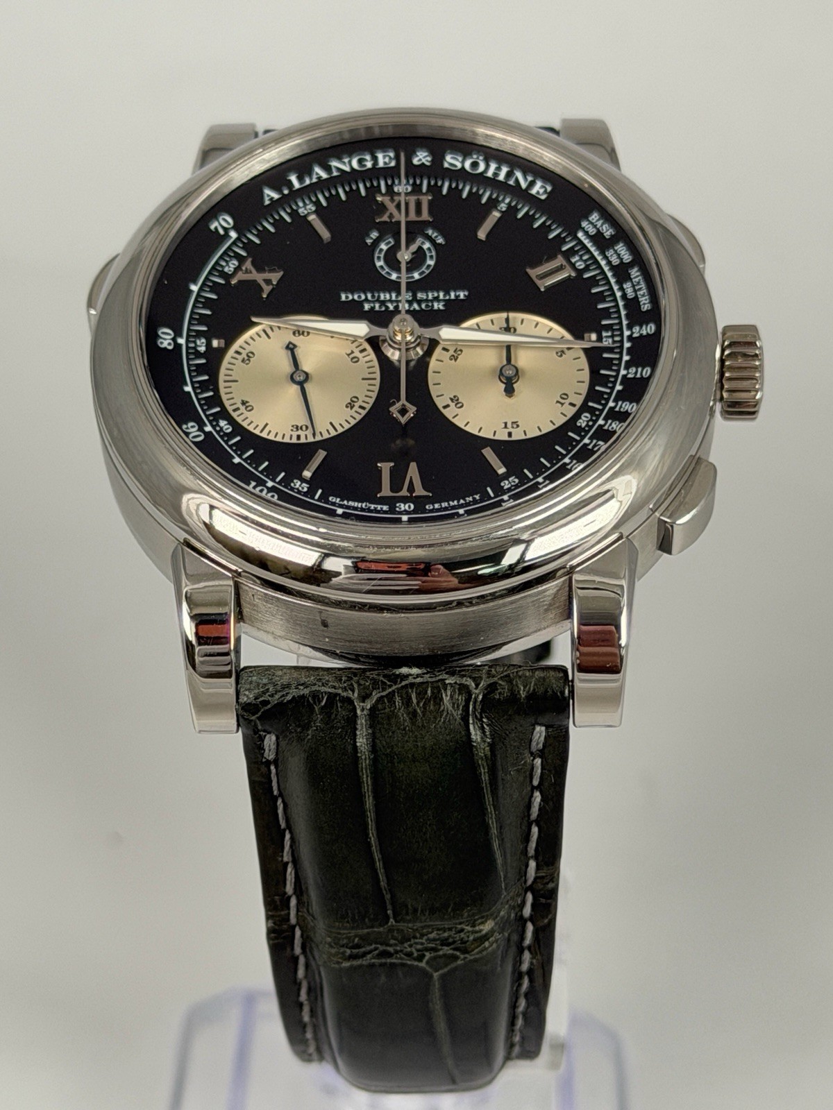 A Lange Sohn 404.035 Double Split Platinum Watch Only Green Strap