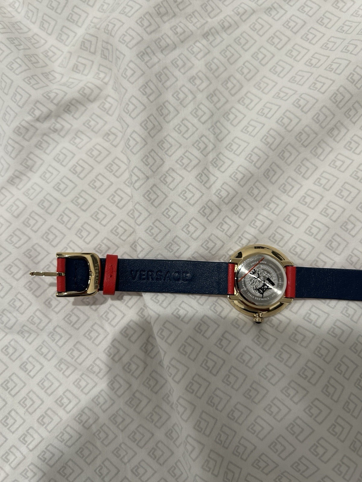 Versace VEBN00418 Women’s Quartz 34mm Gold Steel Red/Blue Leather Watch Box
