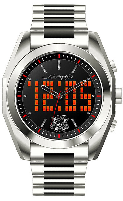 NEW ED HARDY SILK ANALOG DIGITAL STEEL WATCH LED BLACK SKULL TATTOO
