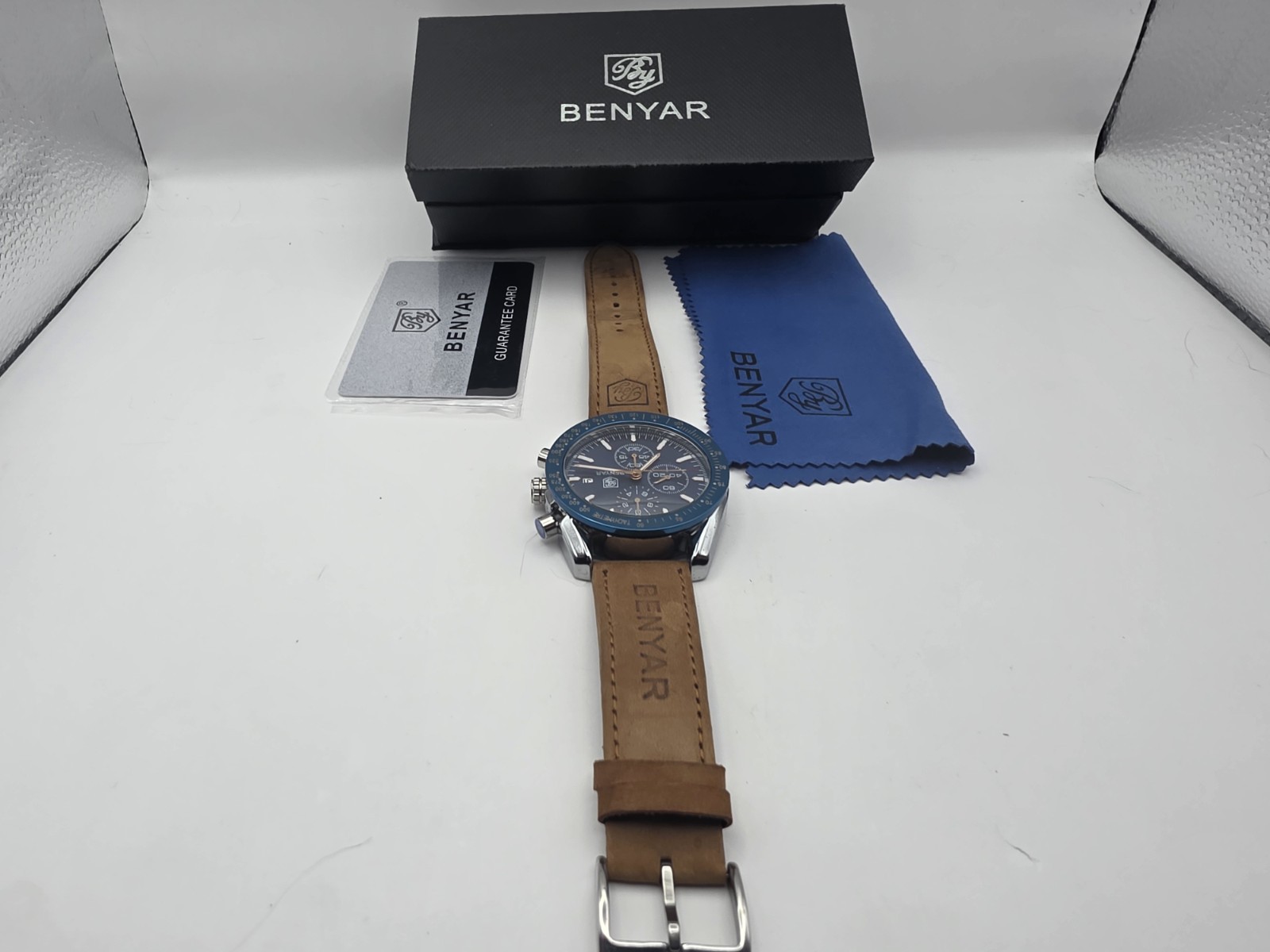 BENYAR Water Resistant Blue Chronograph Analog Leather Wristwatch Men w/ Box