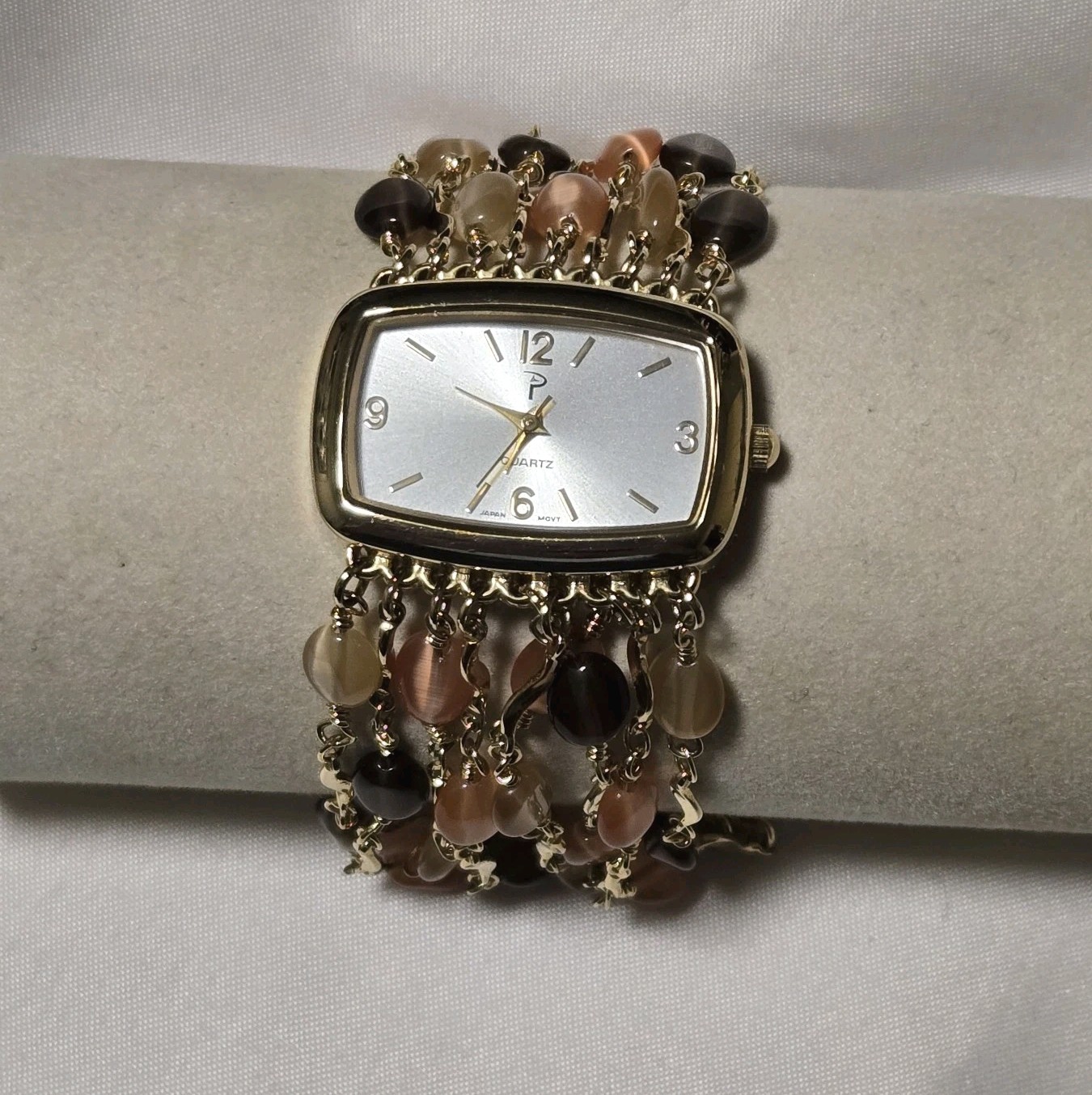 Faux Tigers Eye Moonstone Bead Bracelet Womens Watch Gold tone New Battery