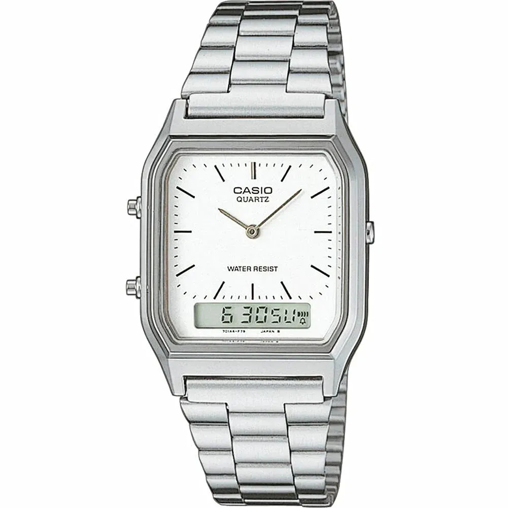 Japan NEW CASIO AQ-230A-7D Unisex Silver Ana-Digi Metal Band Watch